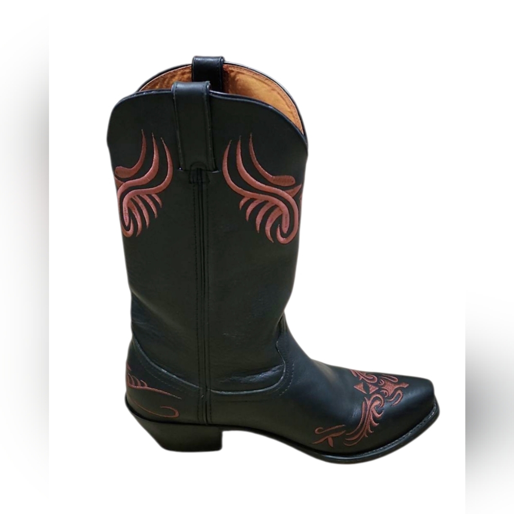 Santa Fe Cowgirl Black Leather Boots Rust Colored Embellished Stitching Size 10‎
